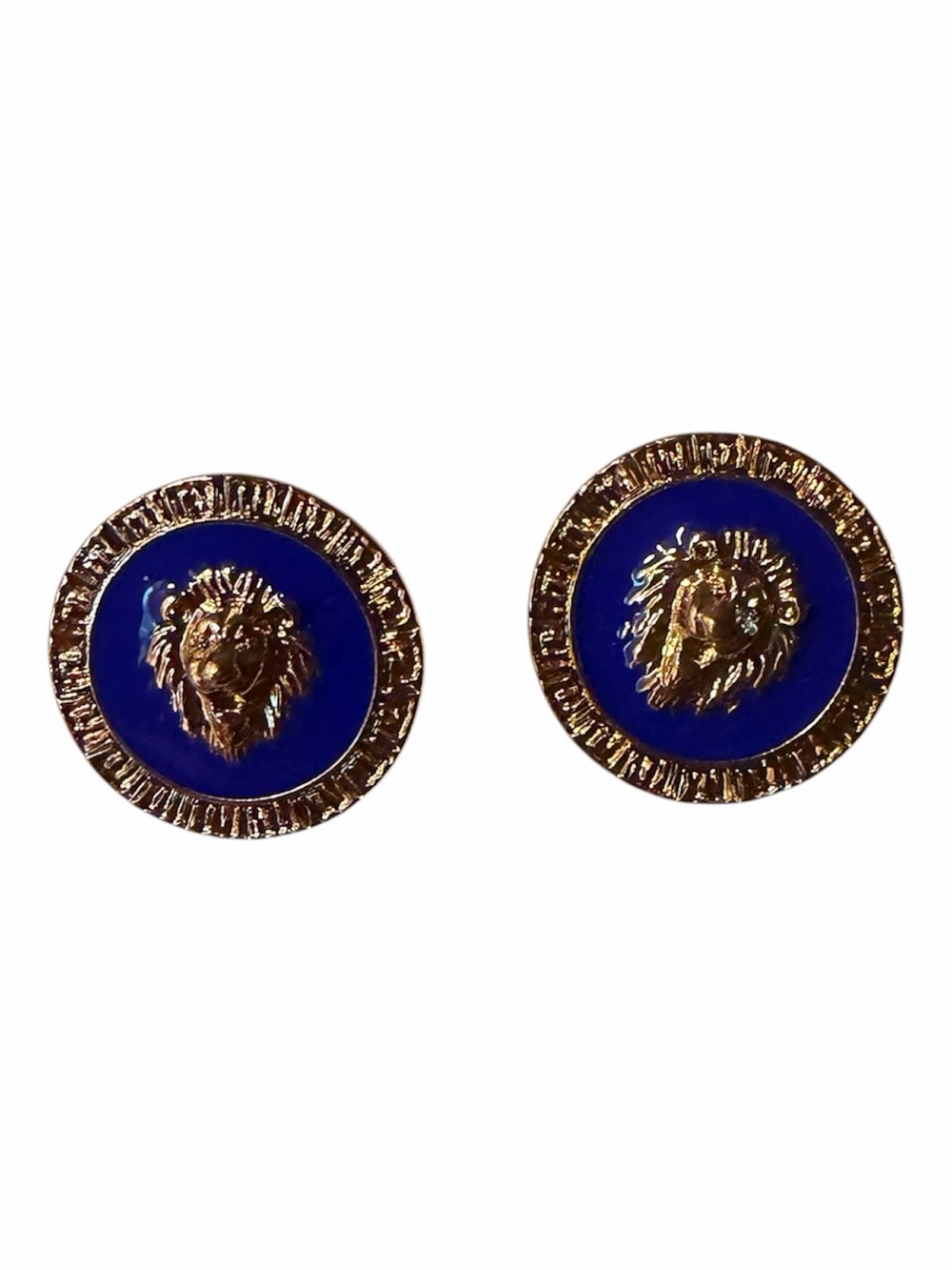 Gold Lion Medallion Earrings with Royal Blue Enamel Studs